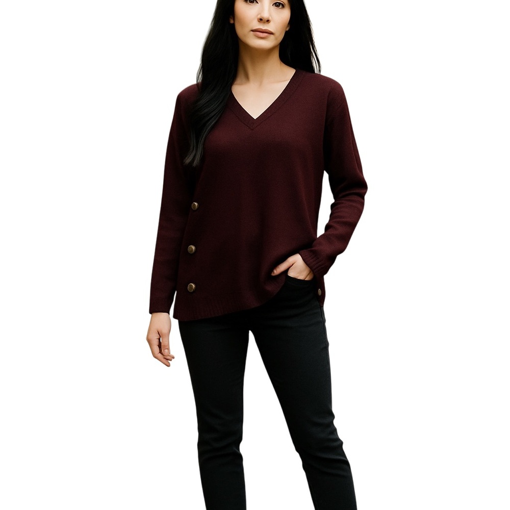 NWT Cynthia Rowley V-Neck Dark Purple Sweater with Side Buttons Size Small